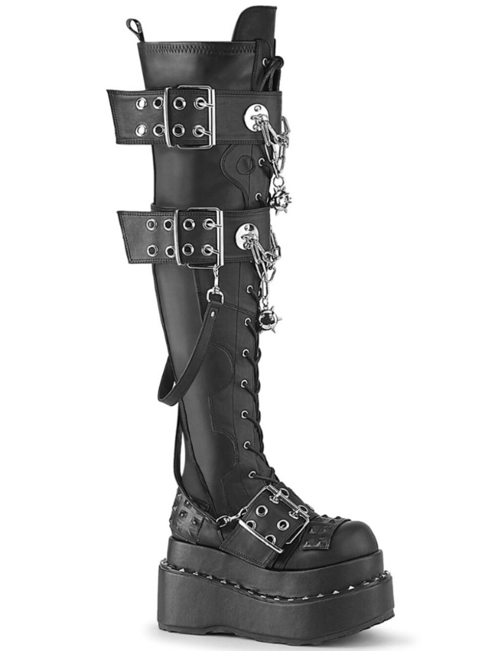 Platform Over The Knee Boots – Studded Pyramid Stretch Boots with Buckle Straps